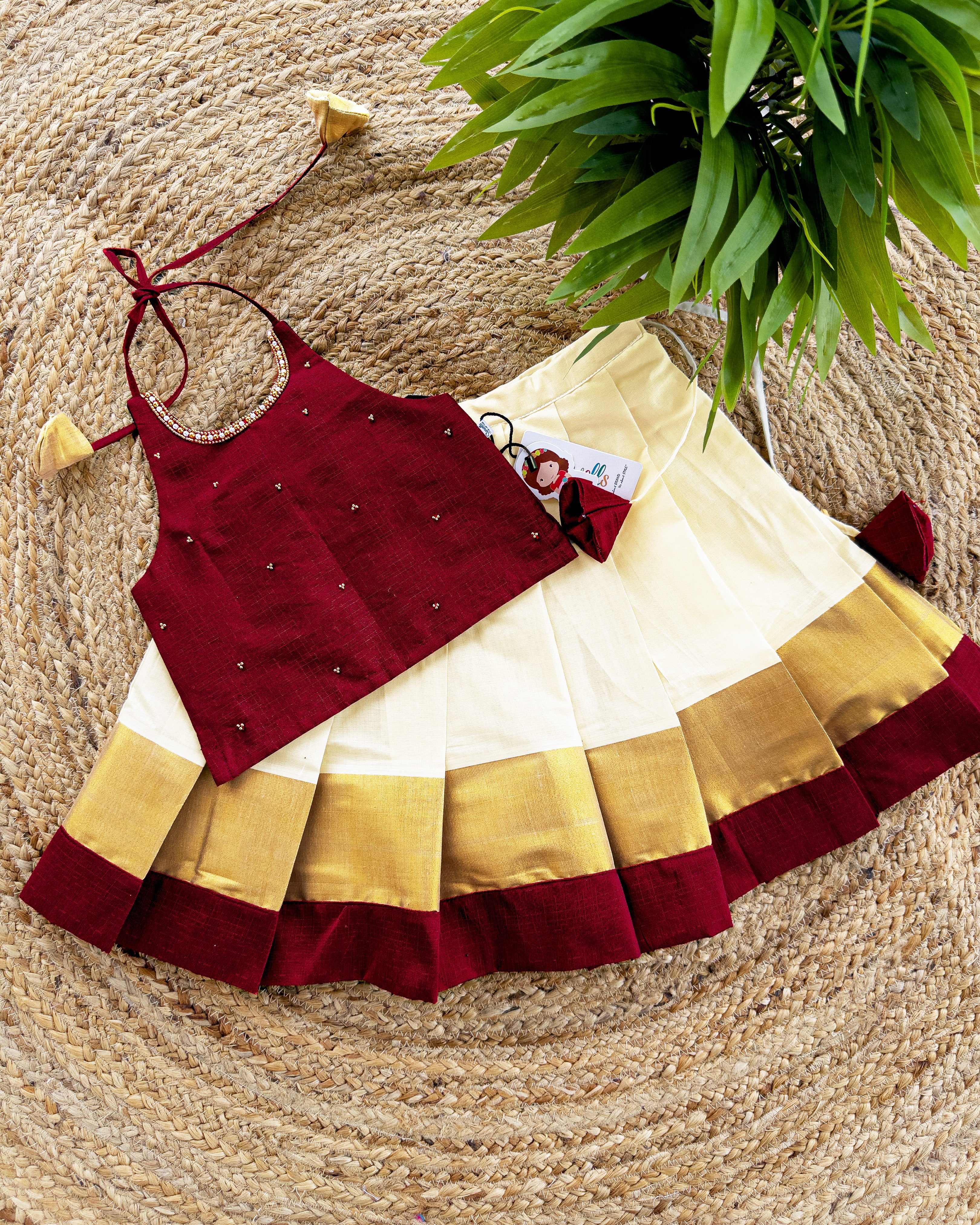 Cream maroon Kerala Kasavu Lehenga Choli – traditional baby girls birthday dress for Onam or festive occasions