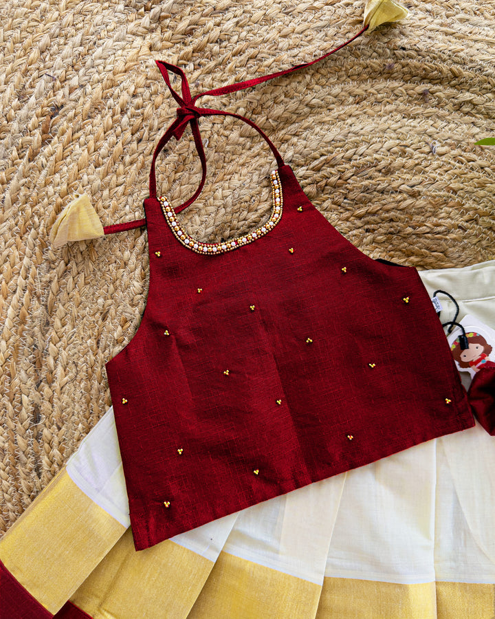 Cream maroon Kerala Kasavu Lehenga Choli – traditional baby girls birthday dress for Onam or festive occasions