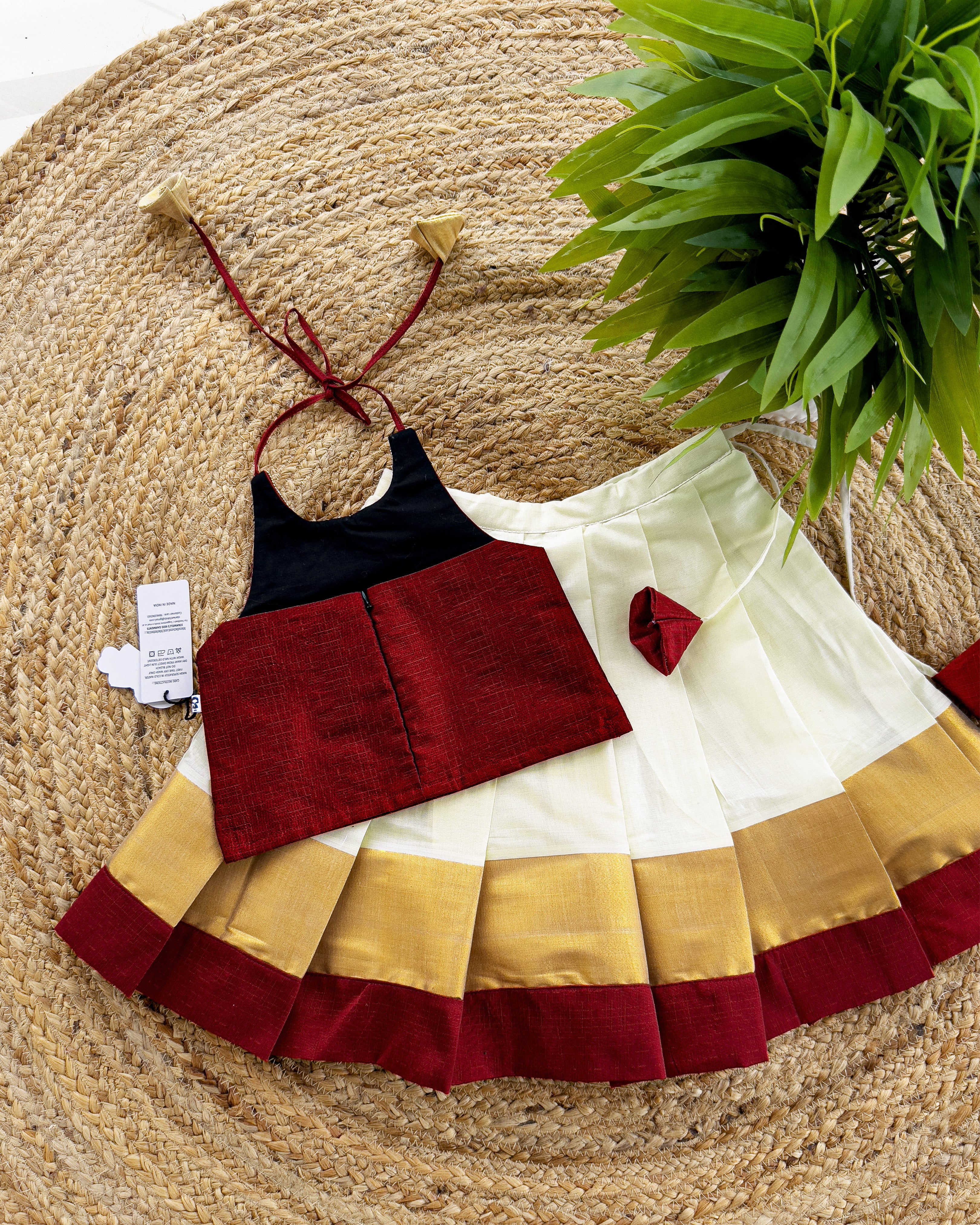 Cream & Meroon Traditional Kerala Kasavu Onam Special Lehenga
