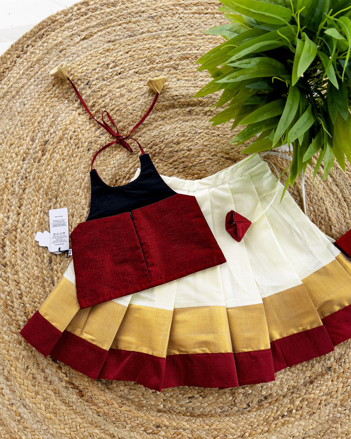 Cream maroon Kerala Kasavu Lehenga Choli – traditional baby girls birthday dress for Onam or festive occasions