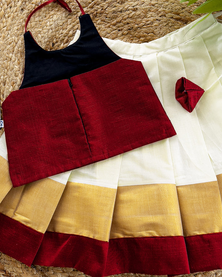 Cream maroon Kerala Kasavu Lehenga Choli – traditional baby girls birthday dress for Onam or festive occasions