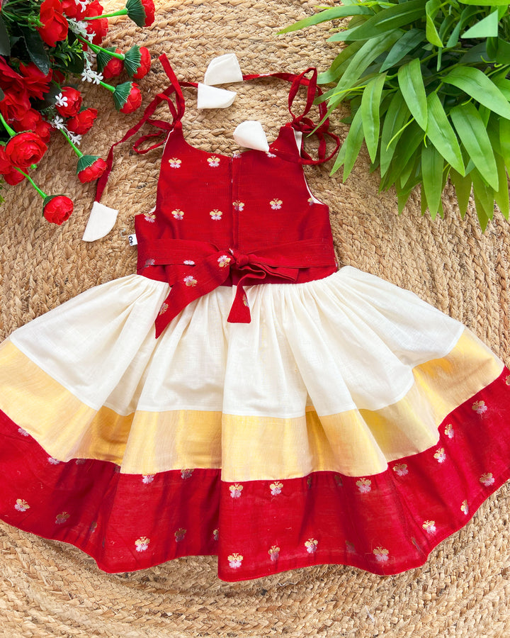 Baby Girl Birthday Dress - Cream & Maroon Onam Special Kerala Kasavu Frock