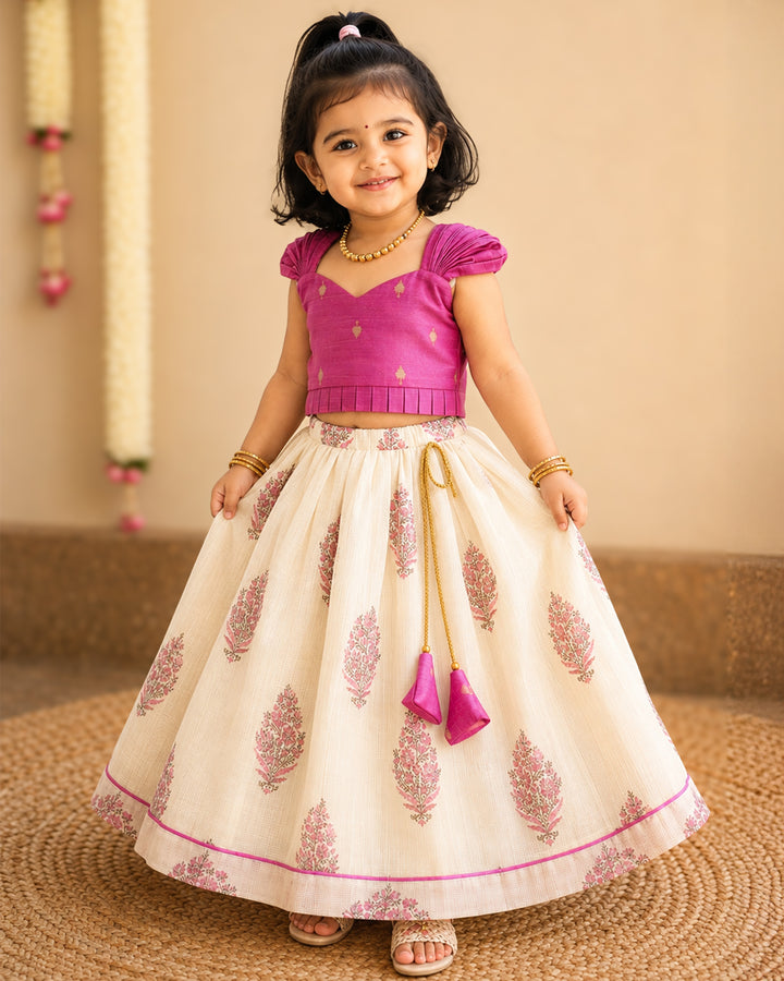 Cream net Kota floral print premium lehenga choli for baby girl – front view, Stanwells Kids