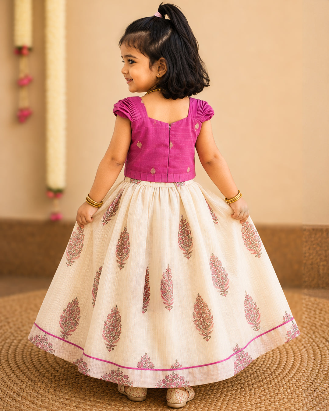 Cream net Kota floral print premium lehenga choli for baby girl – front view, Stanwells Kids