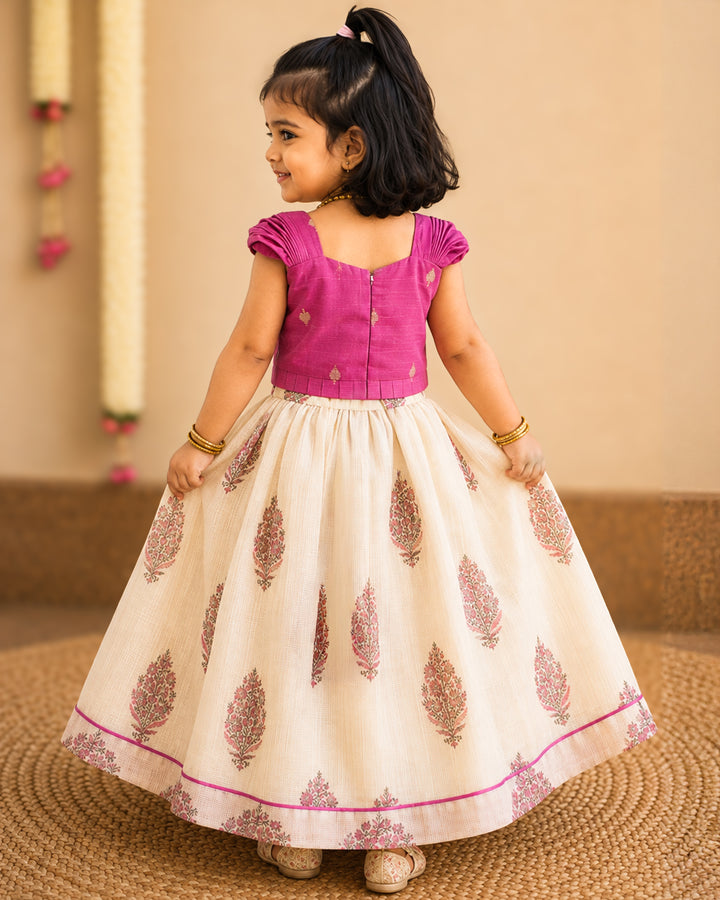 Cream net Kota floral print premium lehenga choli for baby girl – front view, Stanwells Kids