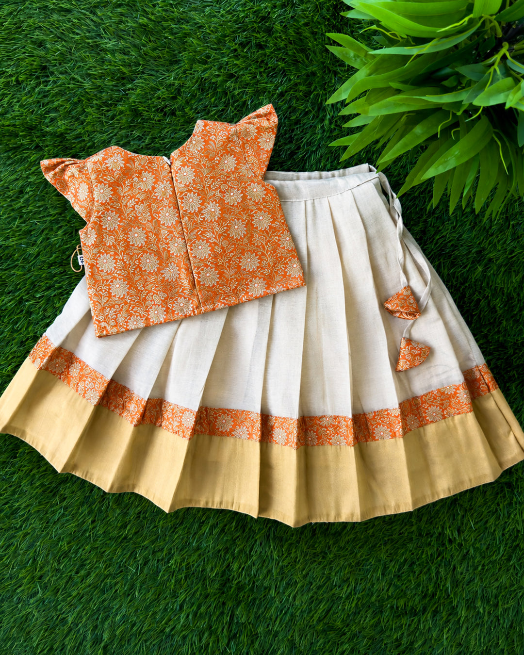 Traditional Onam cream orange brocade lehenga choli for girls 3 months to 7 years – Stanwells Kids