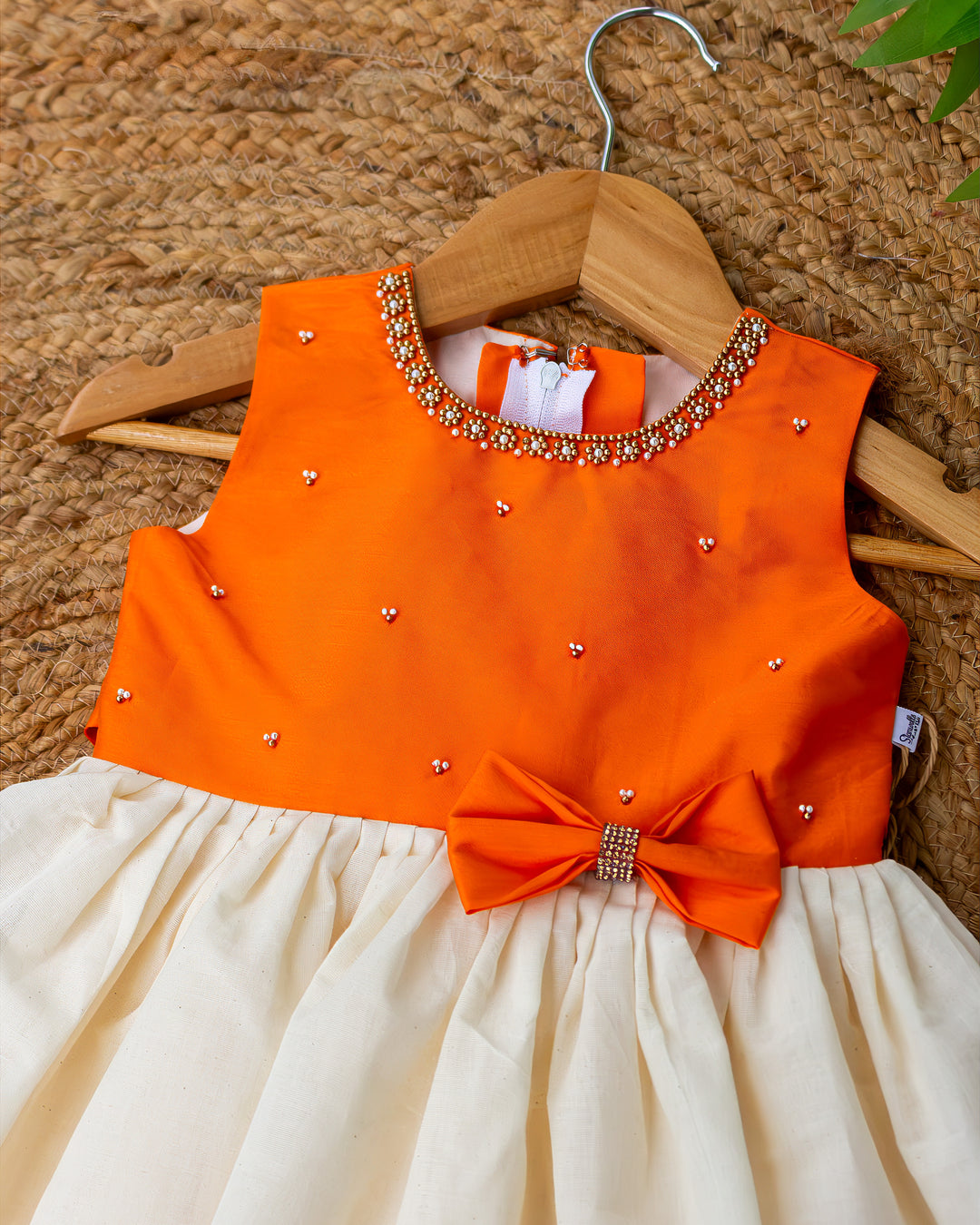 Orange Kasavu accents on cream Kerala handloom Onam traditional frock – Stanwells Kids