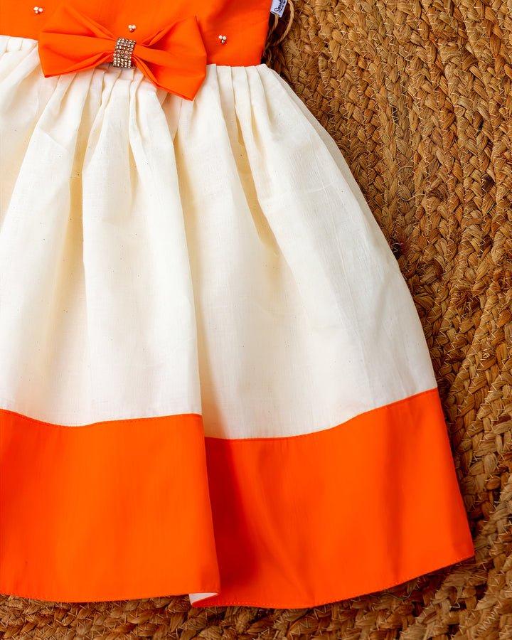Classic Kerala traditional silhouette cream orange Onam festive frock – Stanwells Kids