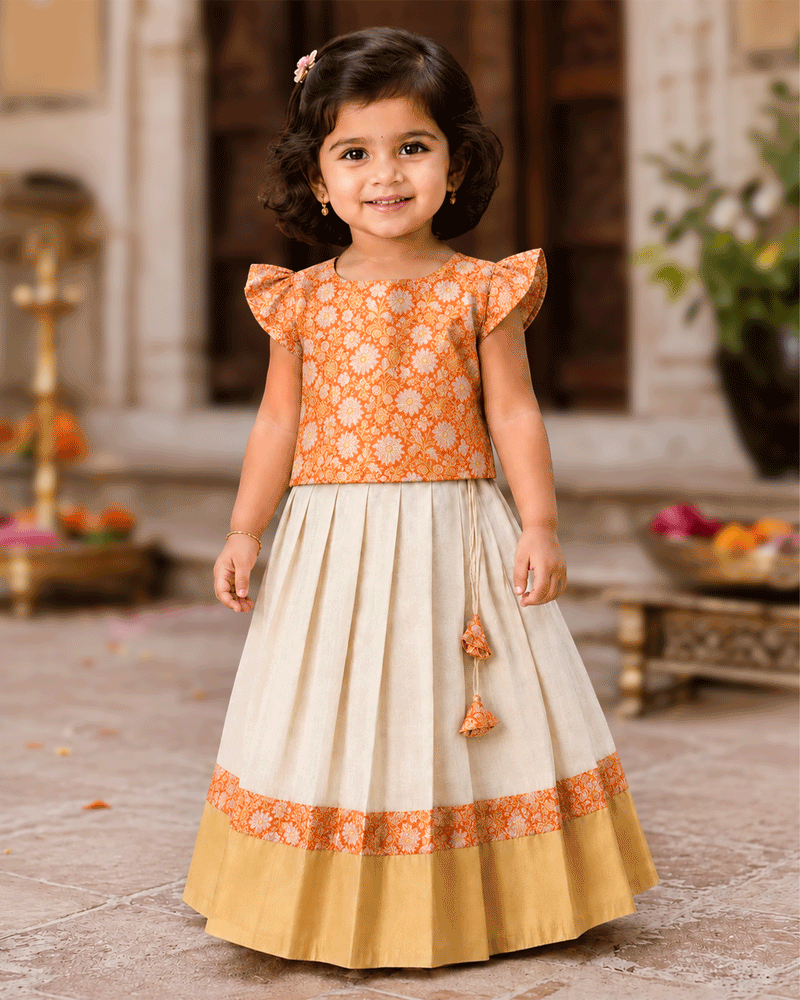 Cream & Orange Banarasi Brocade Lehenga Choli for Baby Girl – Stanwells Kids