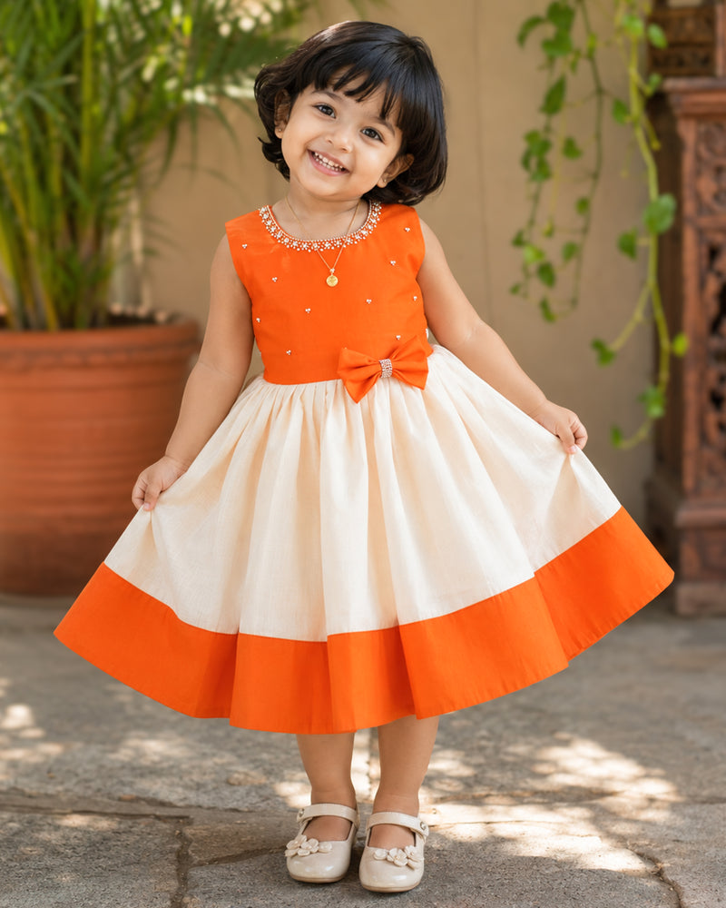 Cream & Orange Onam Festive Kerala Traditional Frock for Baby Girl – Stanwells Kids