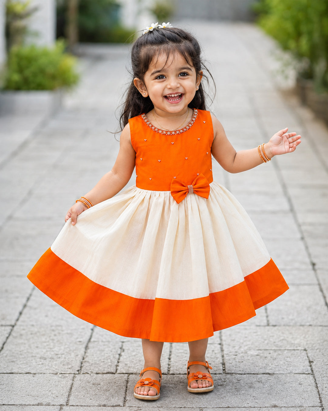 Cream and orange Onam festive Kerala traditional frock for baby girl – front view, Stanwells Kids