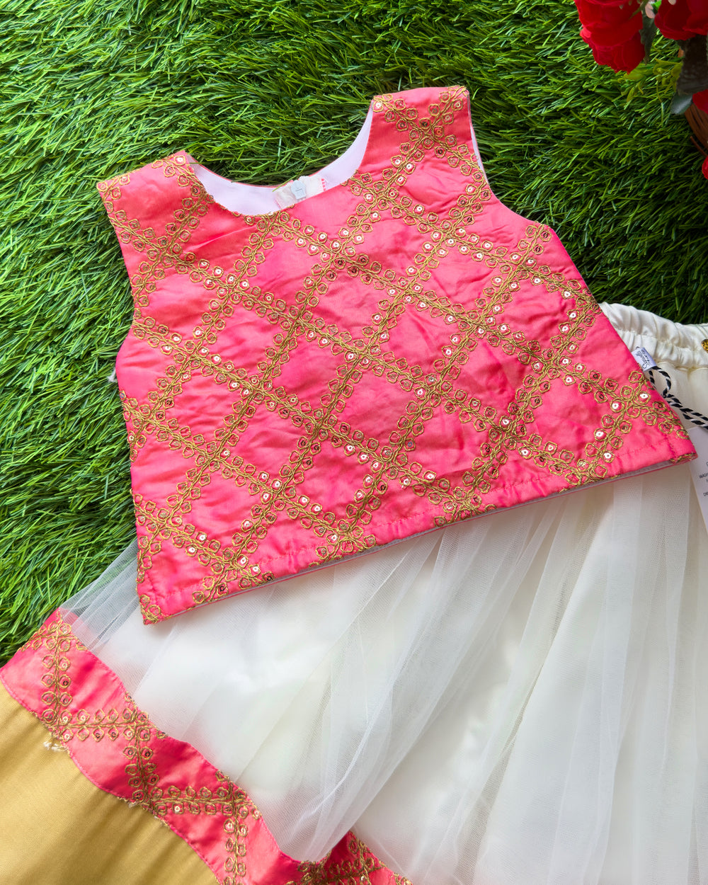 Cream peach lehenga choli for baby girls, sequin embroidered ethnic birthday dress, baby girls festive lehenga choli, kids traditional partywear dress