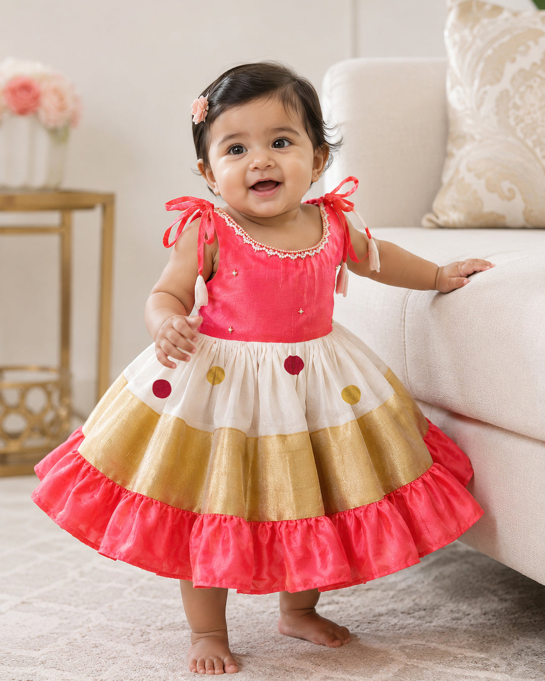 Cream peach Kerala kasavu frock tie-on-shoulder detail – Stanwells Kids