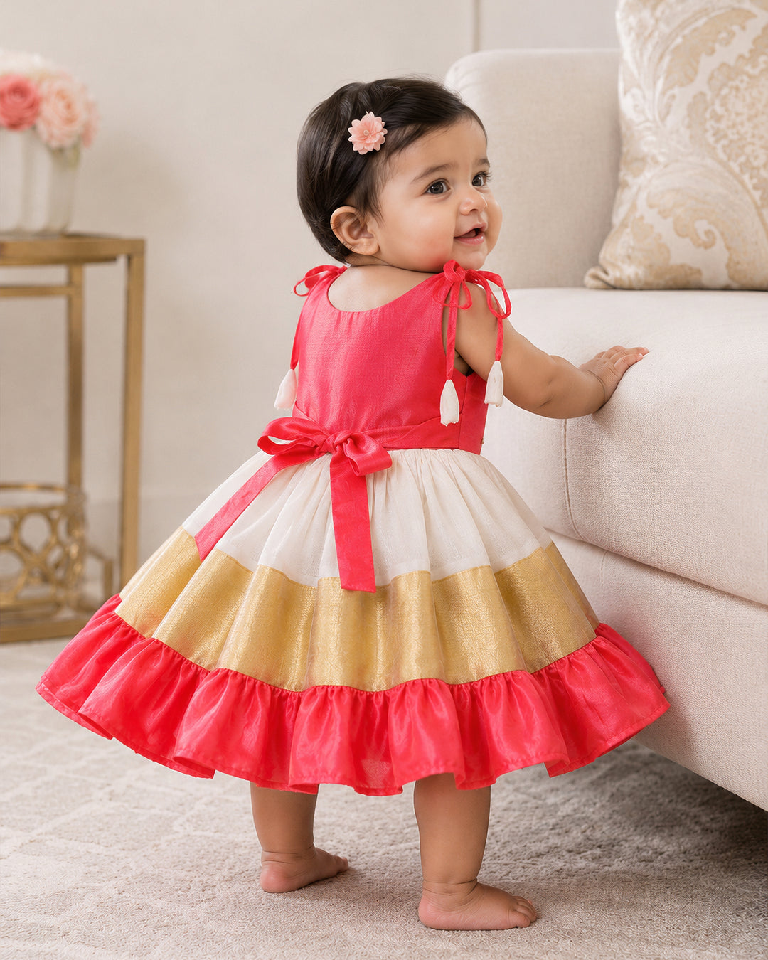 Cream peach Kerala kasavu frock tie-on-shoulder detail – Stanwells Kids