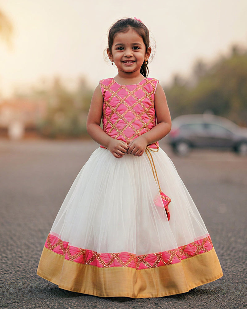 Cream & Peach Sequin Embroidered Ethnic Lehenga Choli – Festive Dress for Girls