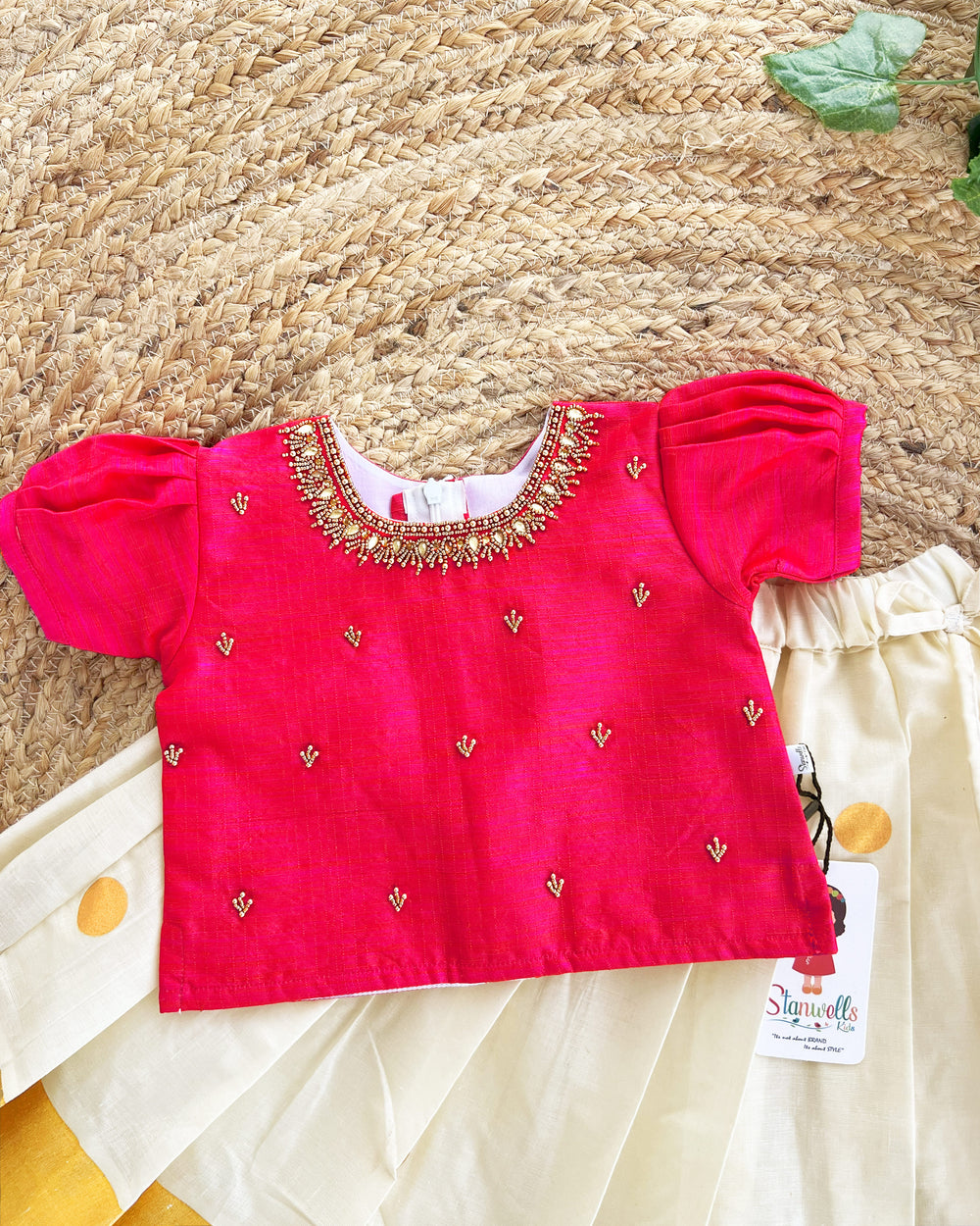 Cream pink Kerala Kasavu lehenga choli for baby girls birthday dress – festive ethnic wear

