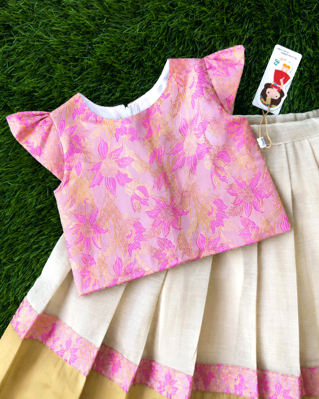 Rich gold brocade tissue detailing on cream pink Onam traditional lehenga – Stanwells Kids