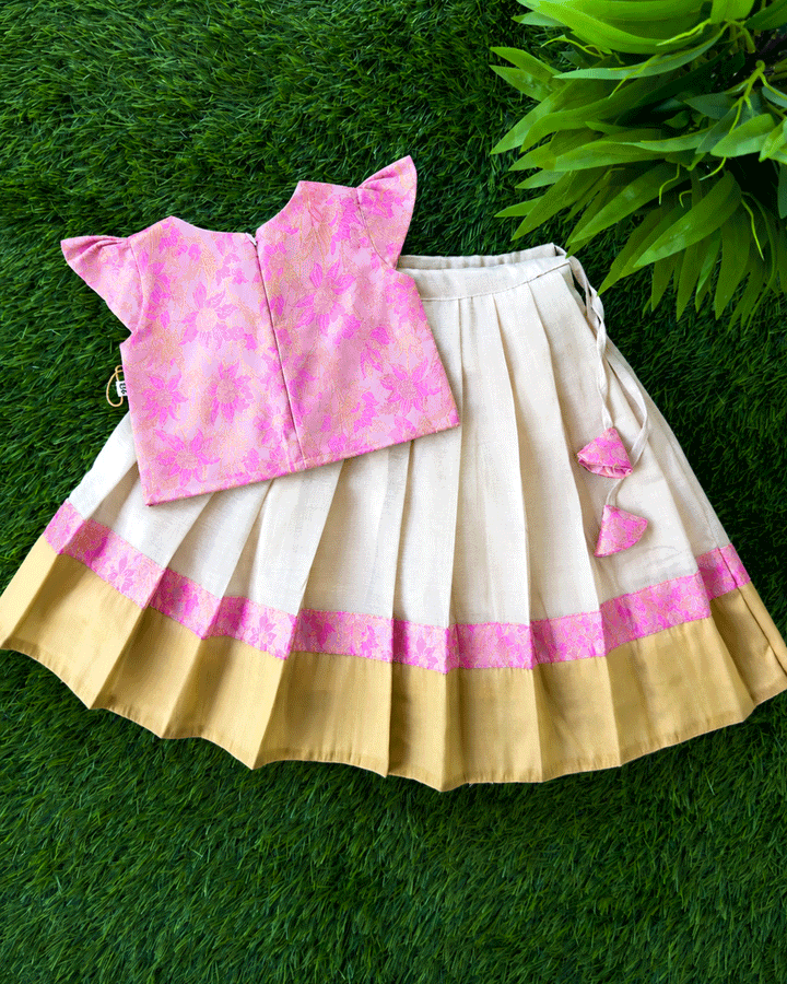 Cream pink Banarasi brocade Onam lehenga full look for baby girl – Stanwells Kids