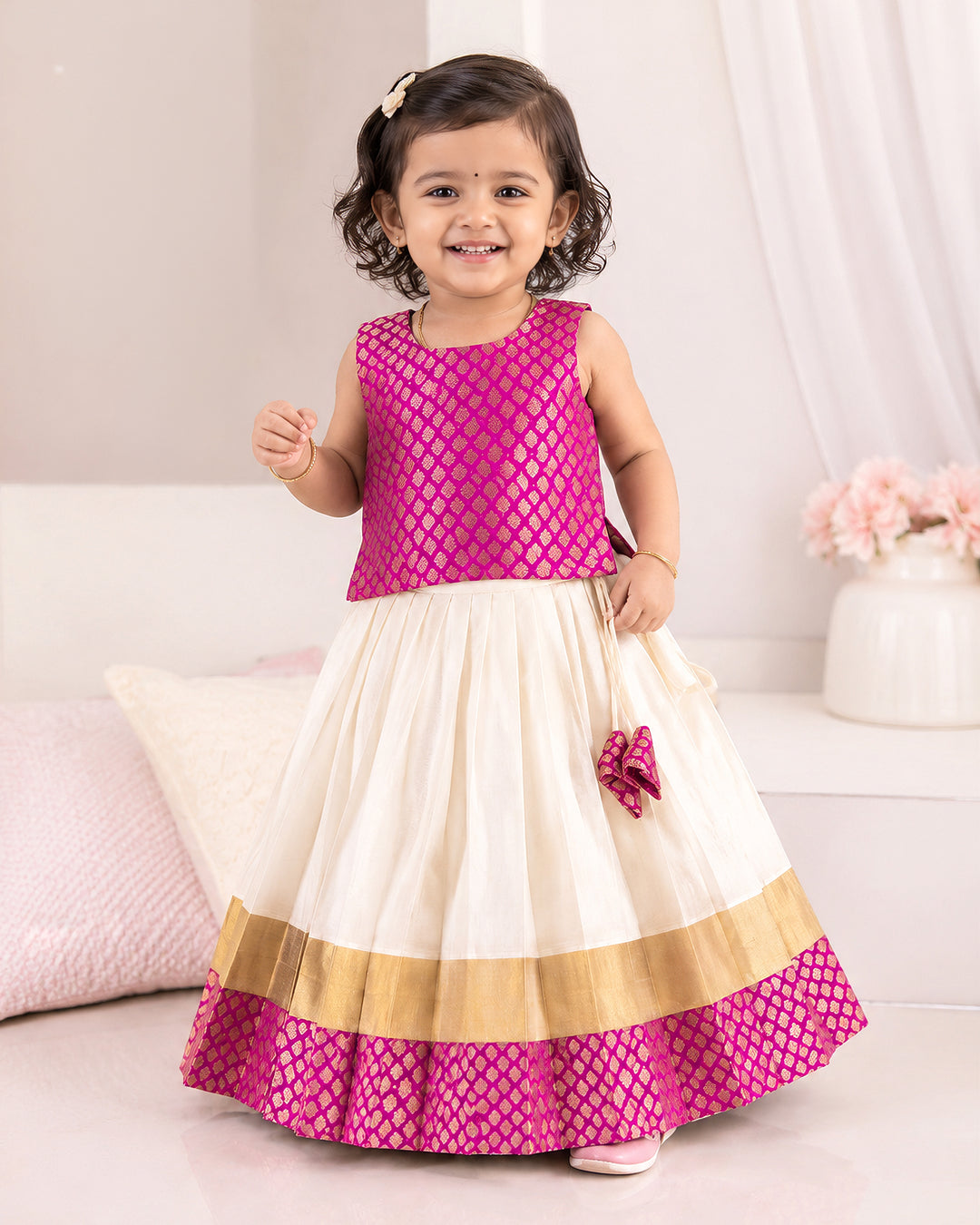 Onam special cream and pink Kasavu lehenga choli for baby girl, Stanwells Kids
