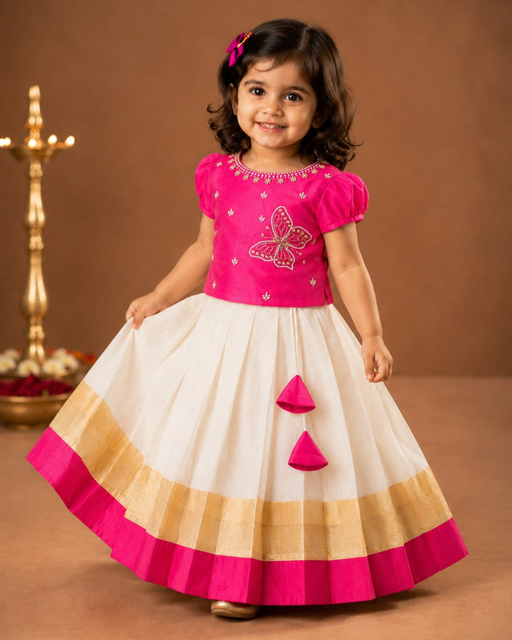 Cream pink butterfly handwork lehenga choli for baby girl – front view, Stanwells Kids