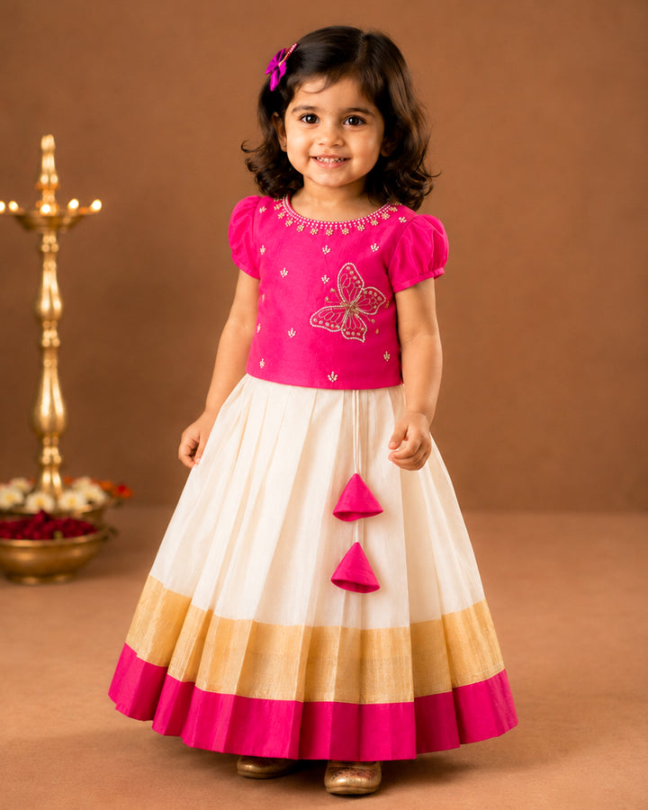 Cream pink butterfly handwork lehenga choli for baby girl – front view, Stanwells Kids
