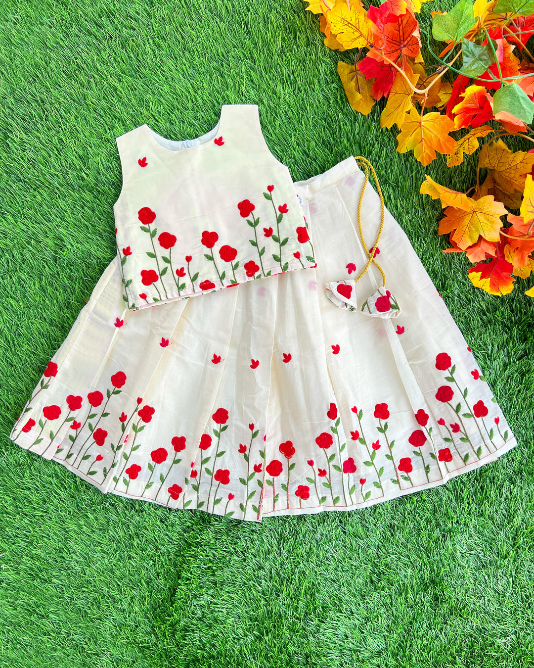 Cream & Pink Baby Girl Birthday Dress – Floral Cotton Lehenga Choli
