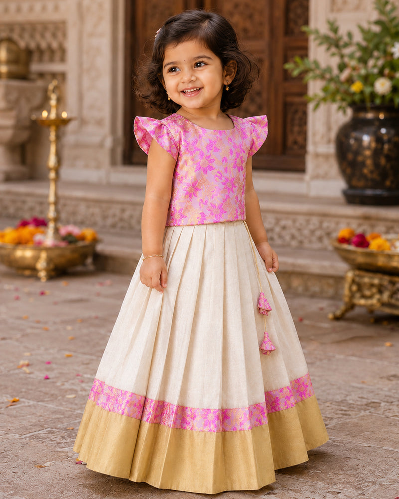 Cream & Pink Tissue Gold Pure Banarasi Brocade Onam Traditional Lehenga for Baby Girl – Stanwells Kids