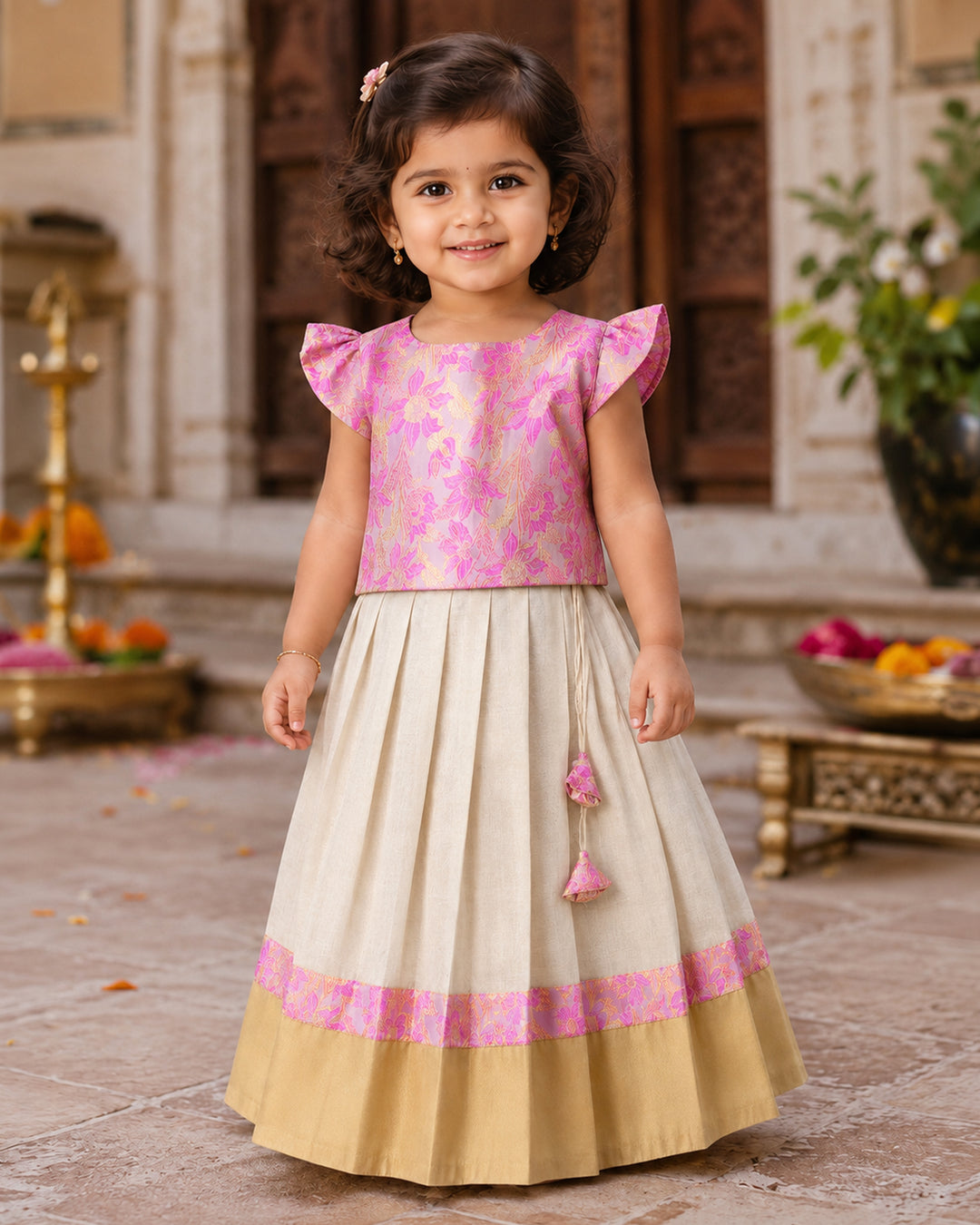 Cream and pink tissue gold pure Banarasi brocade Onam traditional lehenga for baby girl – front view, Stanwells Kids