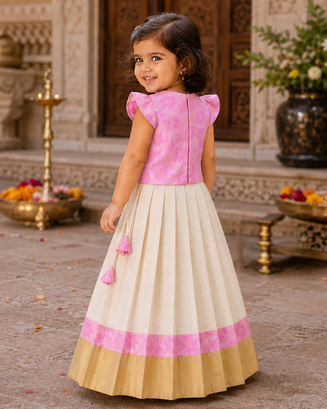 Cream pink Banarasi brocade Onam lehenga full look for baby girl – Stanwells Kids
