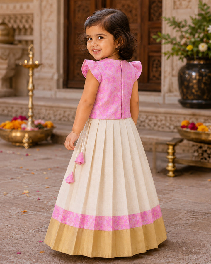 Cream pink Banarasi brocade Onam lehenga full look for baby girl – Stanwells Kids