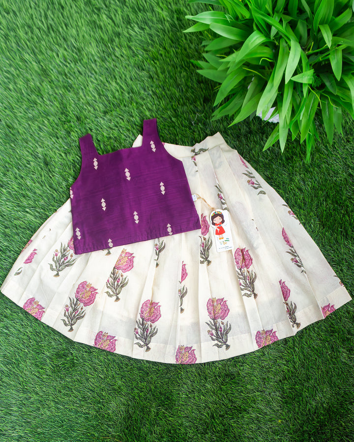 Cream and purple floral printed soft cotton lehenga choli for baby girl – front view, Stanwells Kids