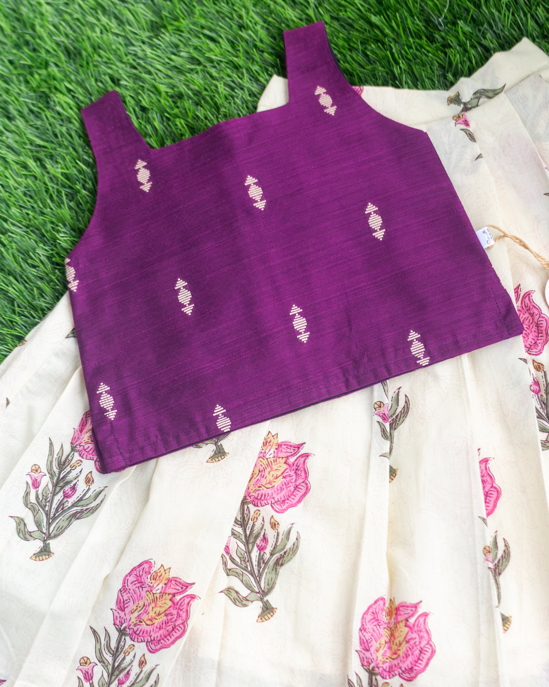 Purple floral printed yoke on cream cotton Onam lehenga choli for girls – Stanwells Kids