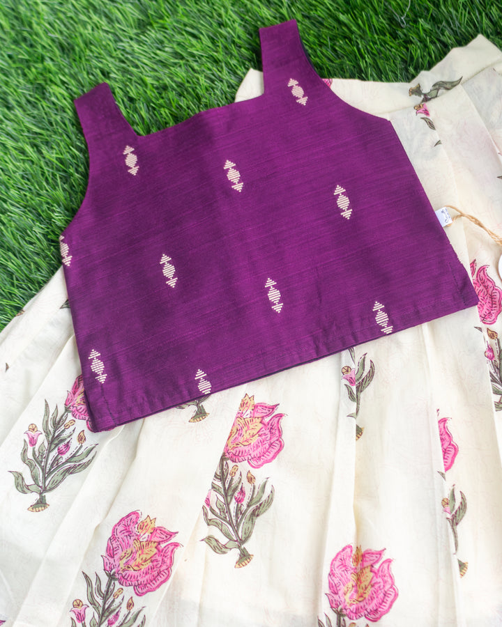 Purple floral printed yoke on cream cotton Onam lehenga choli for girls – Stanwells Kids