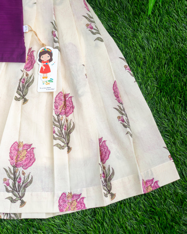 Pleated cream skirt on purple floral cotton lehenga choli – Stanwells Kids