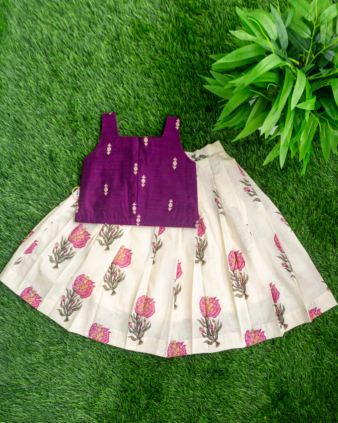 Cream purple floral printed cotton lehenga choli full look for baby girl – Stanwells Kids