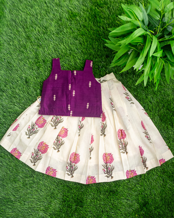 Cream purple floral printed cotton lehenga choli full look for baby girl – Stanwells Kids