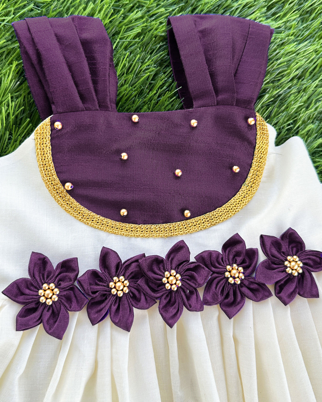 Cream purple Kerala kasavu baby girls birthday dress, handloom frock, traditional Kerala dress for kids, baby girl partywear frock
