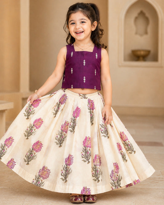 Cream and purple floral printed soft cotton lehenga choli for baby girl – front view, Stanwells Kids