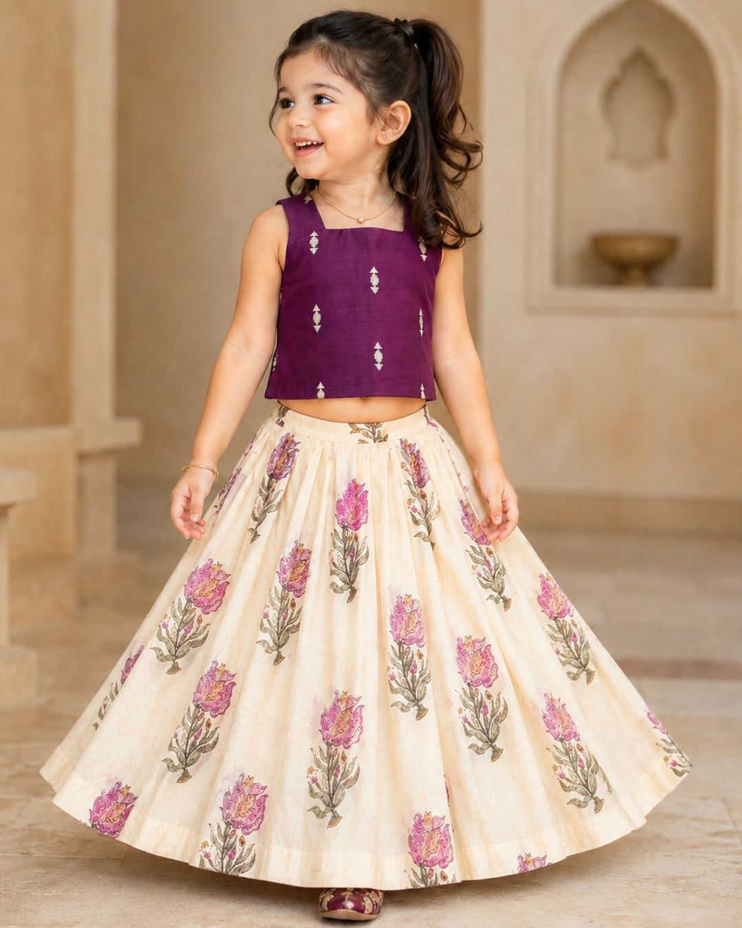 Cream and purple floral printed soft cotton lehenga choli for baby girl – front view, Stanwells Kids
