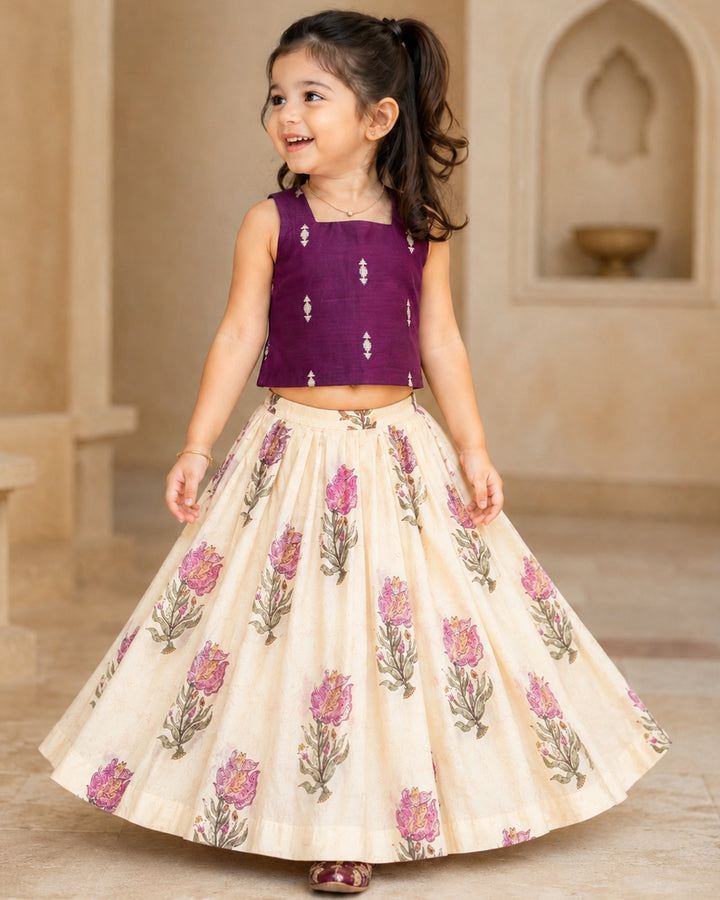 Cream and purple floral printed soft cotton lehenga choli for baby girl – front view, Stanwells Kids