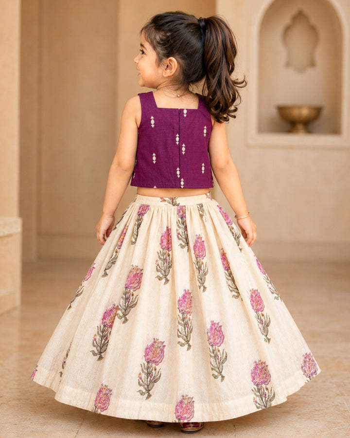 Cream purple floral printed cotton lehenga choli full look for baby girl – Stanwells Kids
