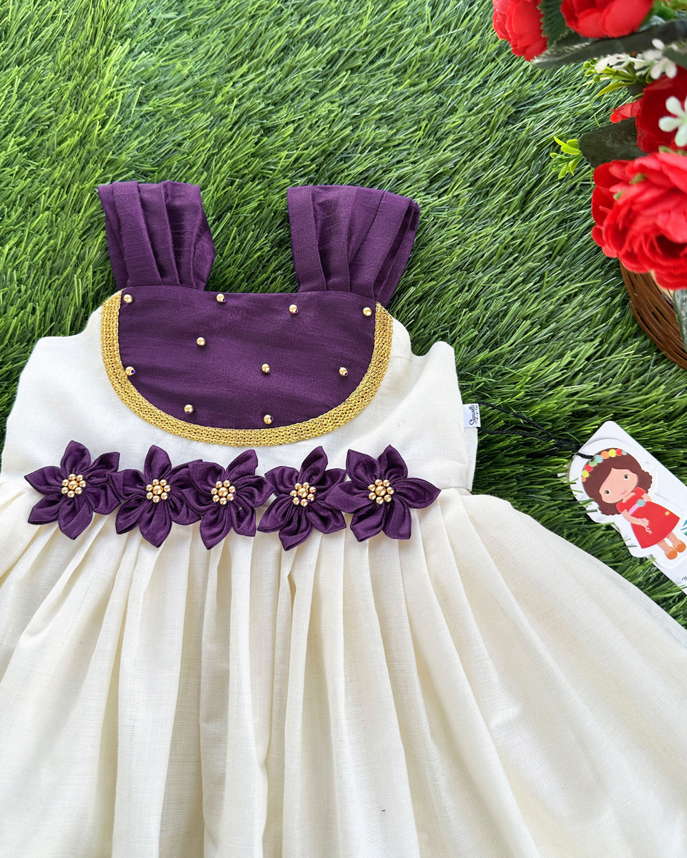 Cream purple Kerala kasavu baby girls birthday dress, handloom frock, traditional Kerala dress for kids, baby girl partywear frock