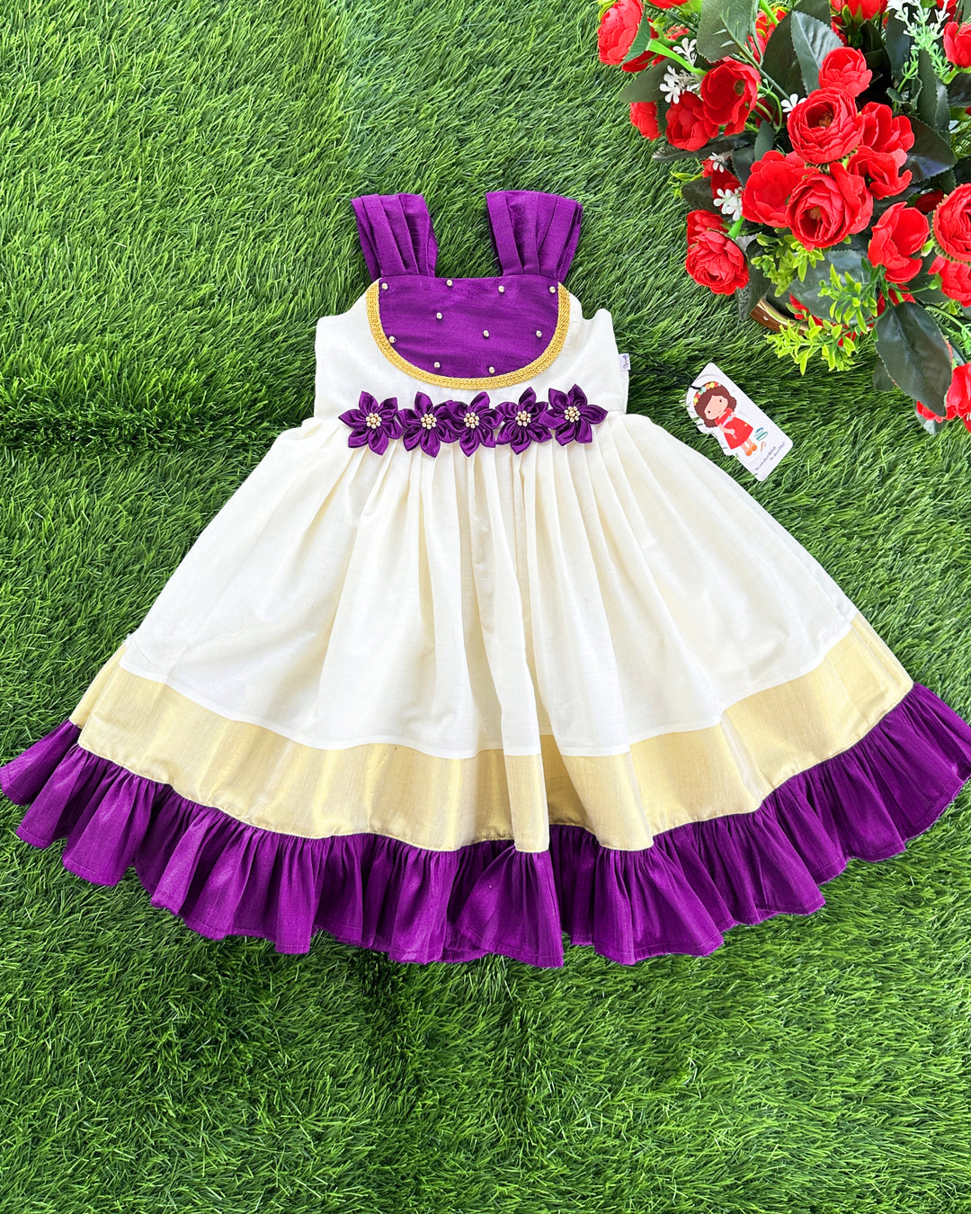 Cream purple Kerala kasavu frock pleated strap sleeves detail – Stanwells Kids