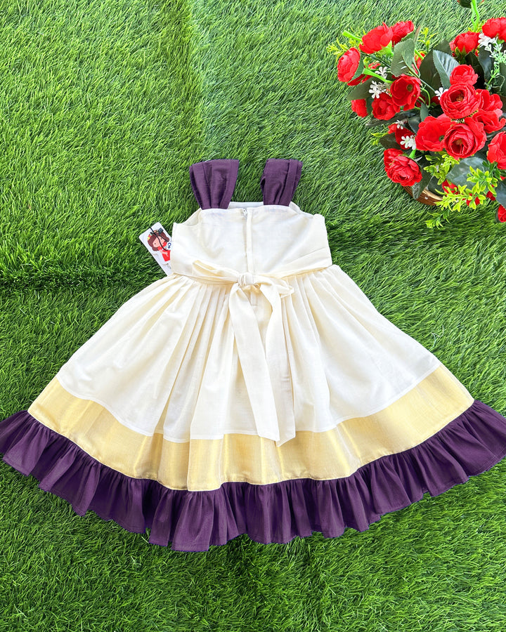 Cream purple Kerala kasavu baby girls birthday dress, handloom frock, traditional Kerala dress for kids, baby girl partywear frock