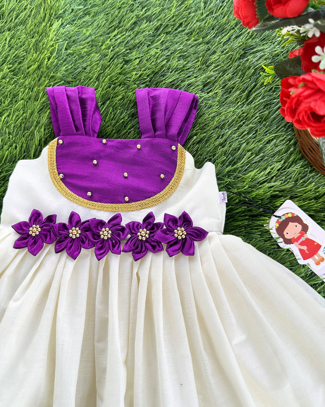 Cream purple kasavu frock golden border detail – Stanwells Kids