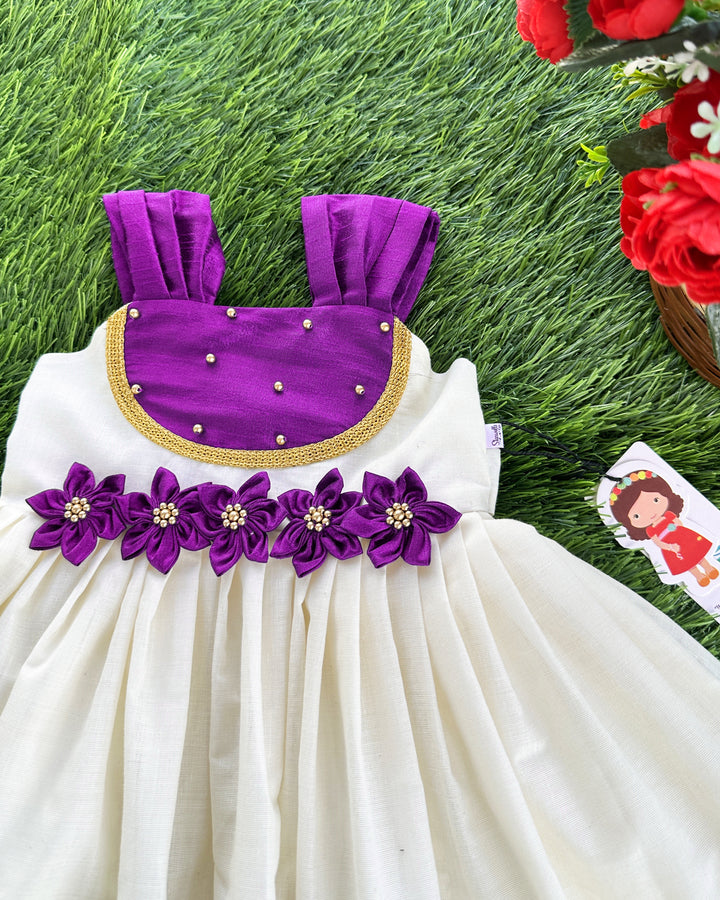 Cream purple kasavu frock golden border detail – Stanwells Kids