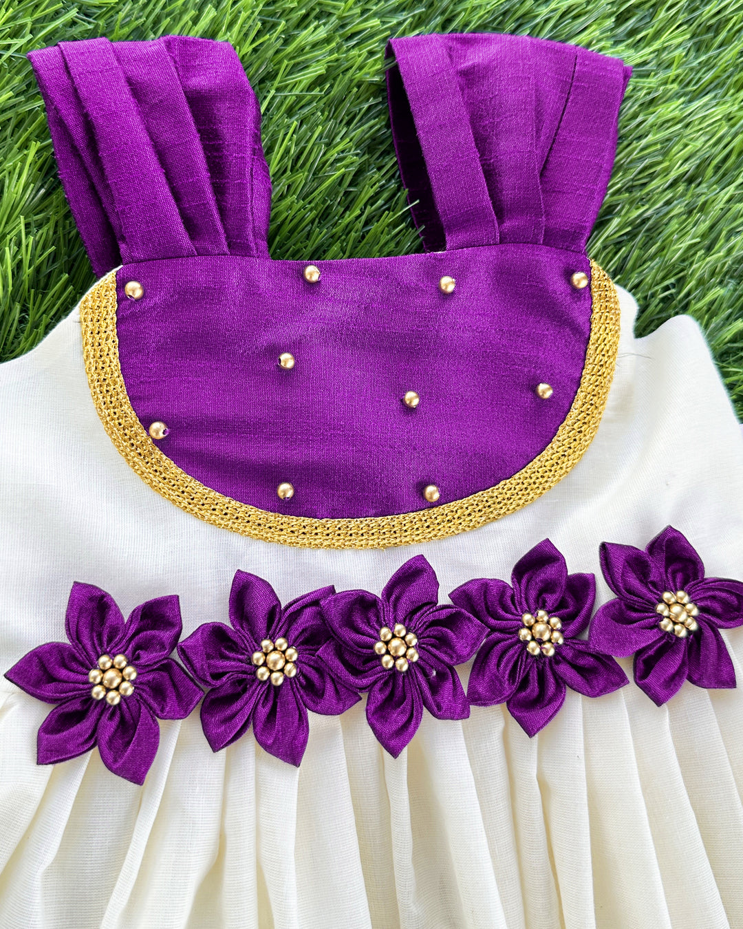 Cream purple Kerala kasavu handloom frock full view – Stanwells Kids
