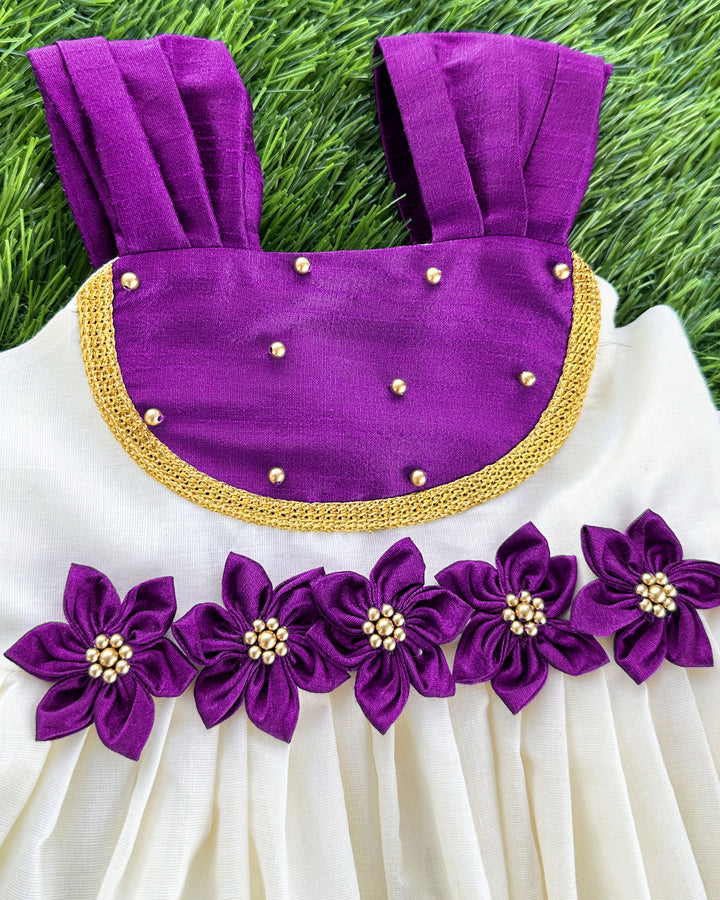 Cream purple Kerala kasavu handloom frock full view – Stanwells Kids