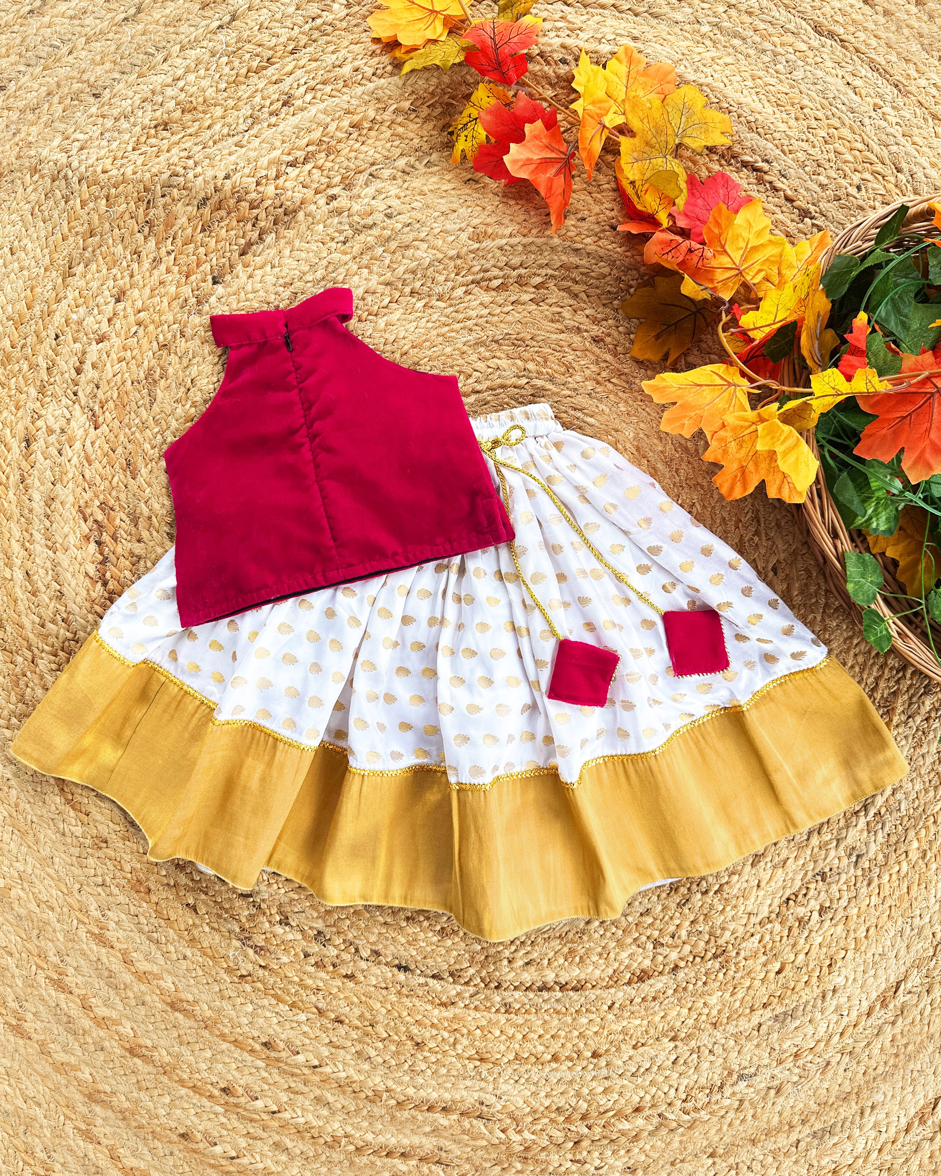 Cream Rani Pink Onam Kasavu Butterfly Lehenga | Stanwells Kids