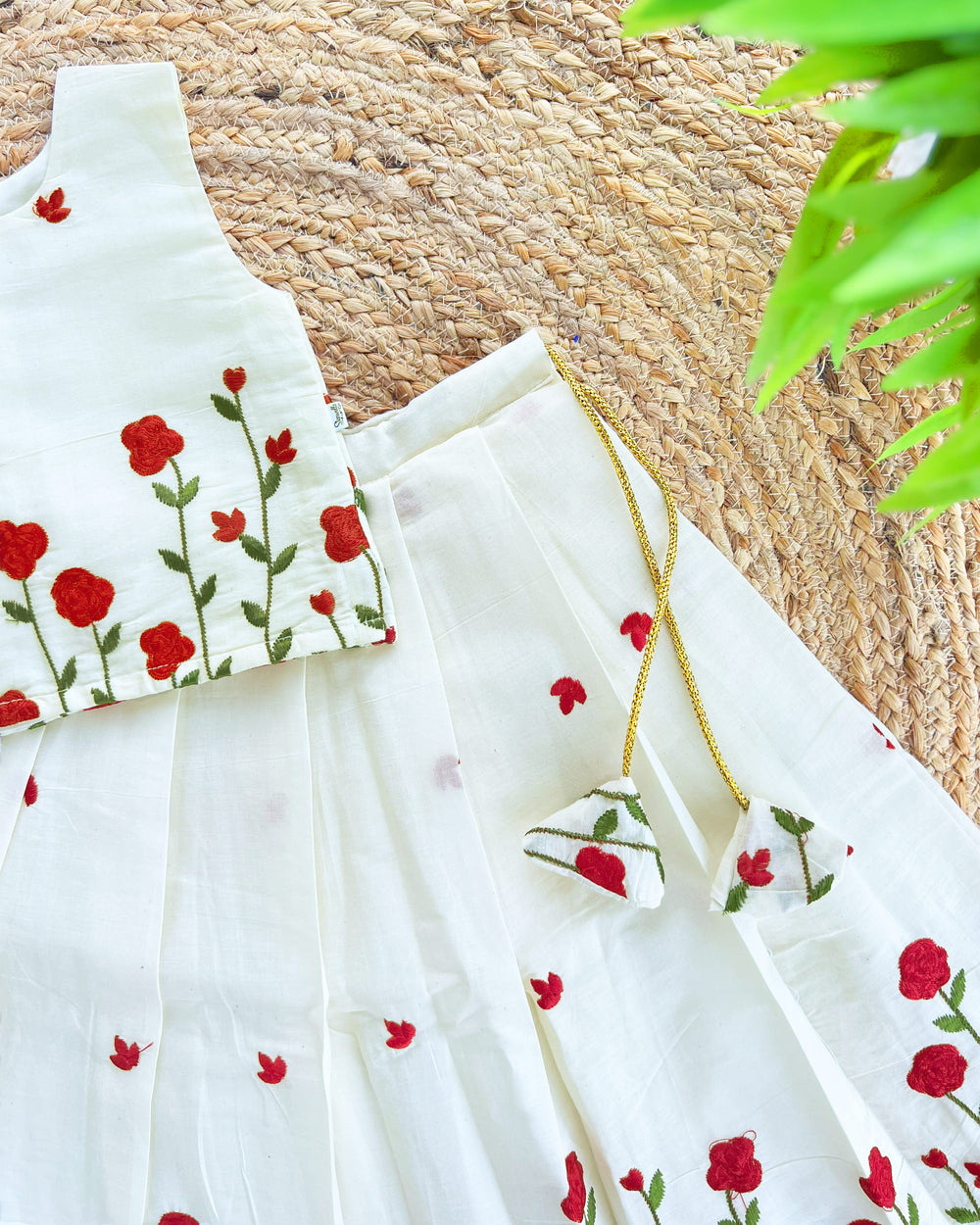 Cream & Pink Baby Girl Birthday Dress – Floral Cotton Lehenga Choli

